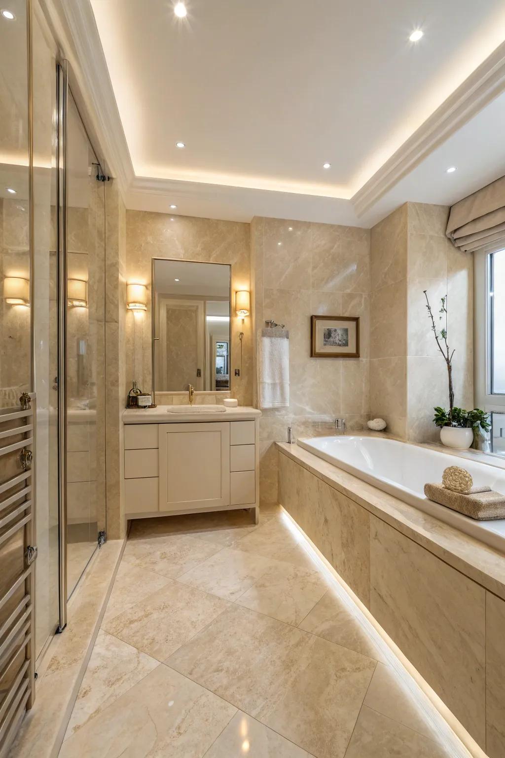 Harmonious hues and crema marfil blend to create a serene bathroom environment.