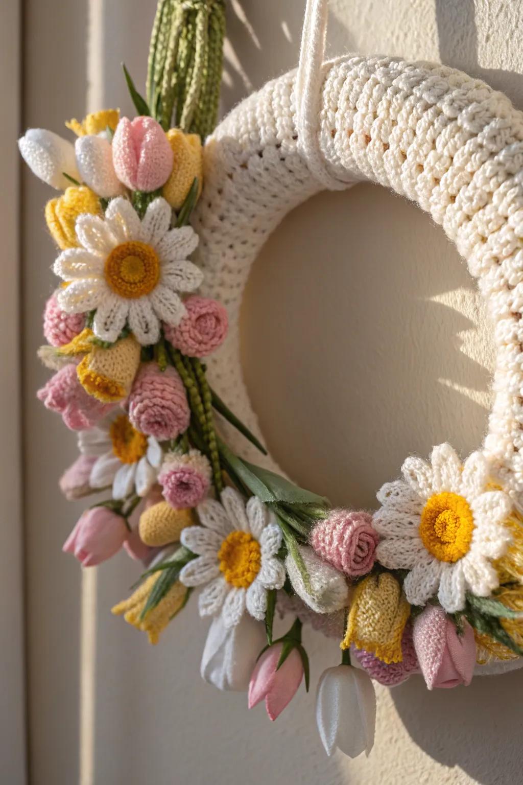 Delight in the charm of spring with this handmade crochet floral wreath, perfect for infusing your home with natural beauty.