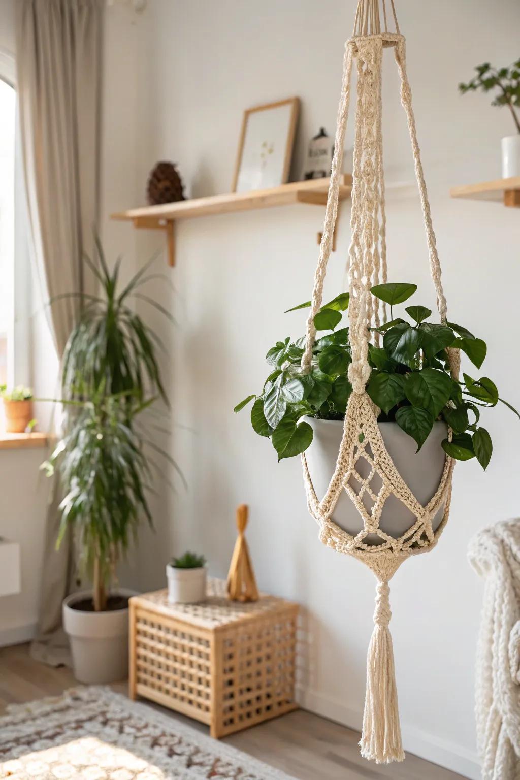 Showcase your plants with stylish crochet greenery holders for a touch of bohemian refinement.