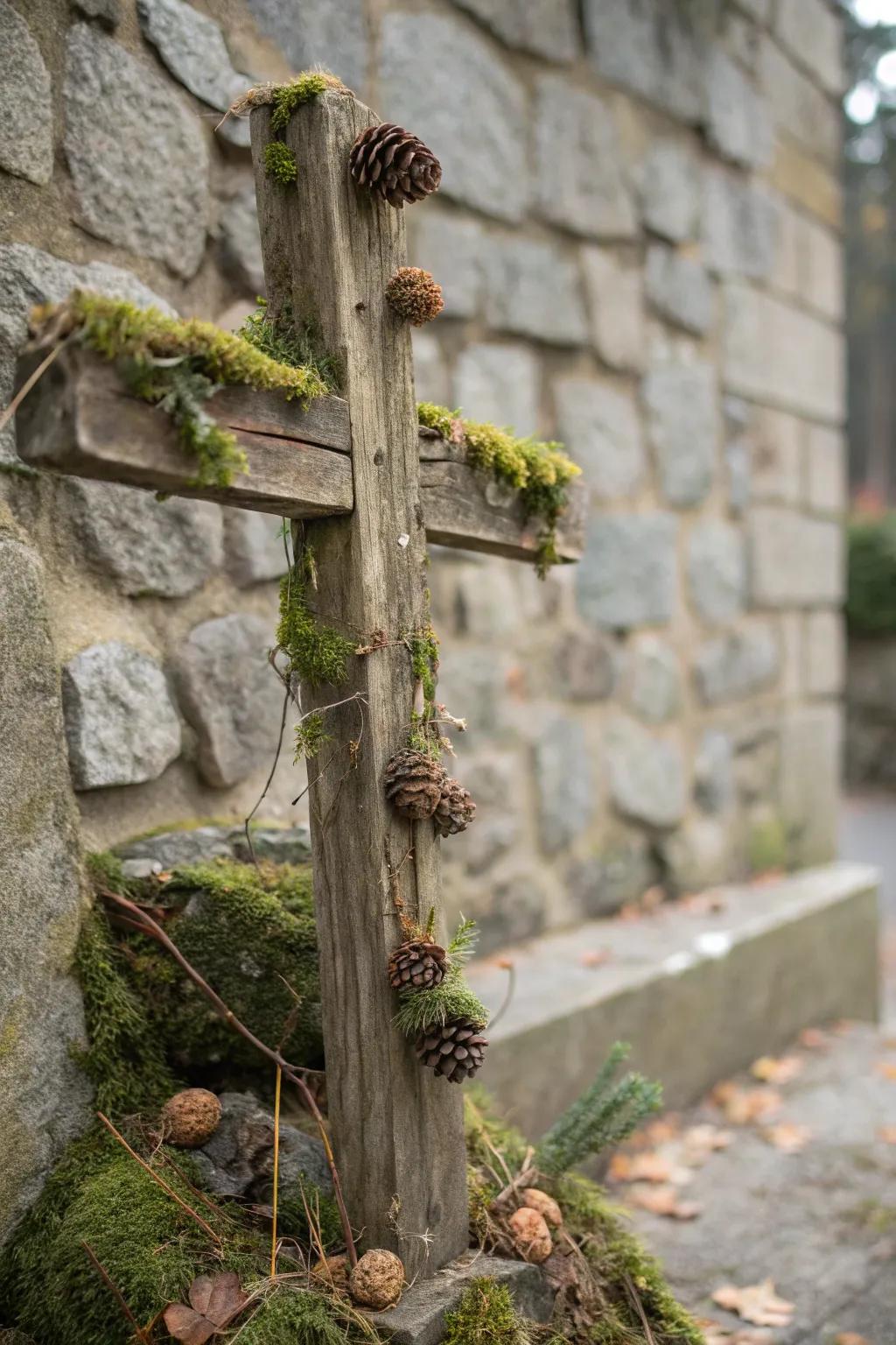Countryside cross with natural greenery and conifer cone features