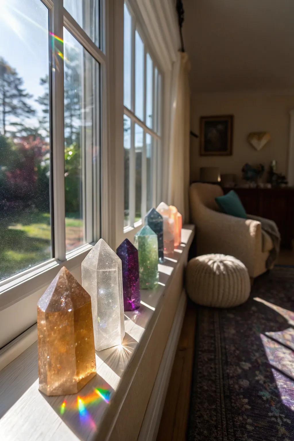 Witness the dance of morning light as it caresses crystals arranged on a windowsill.