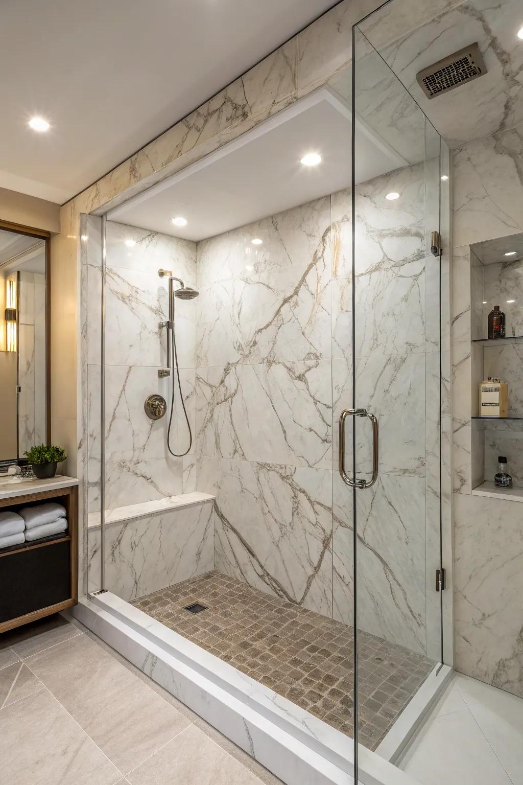 Unique veining patterns introduce a distinctive aspect to cultured marble showers.