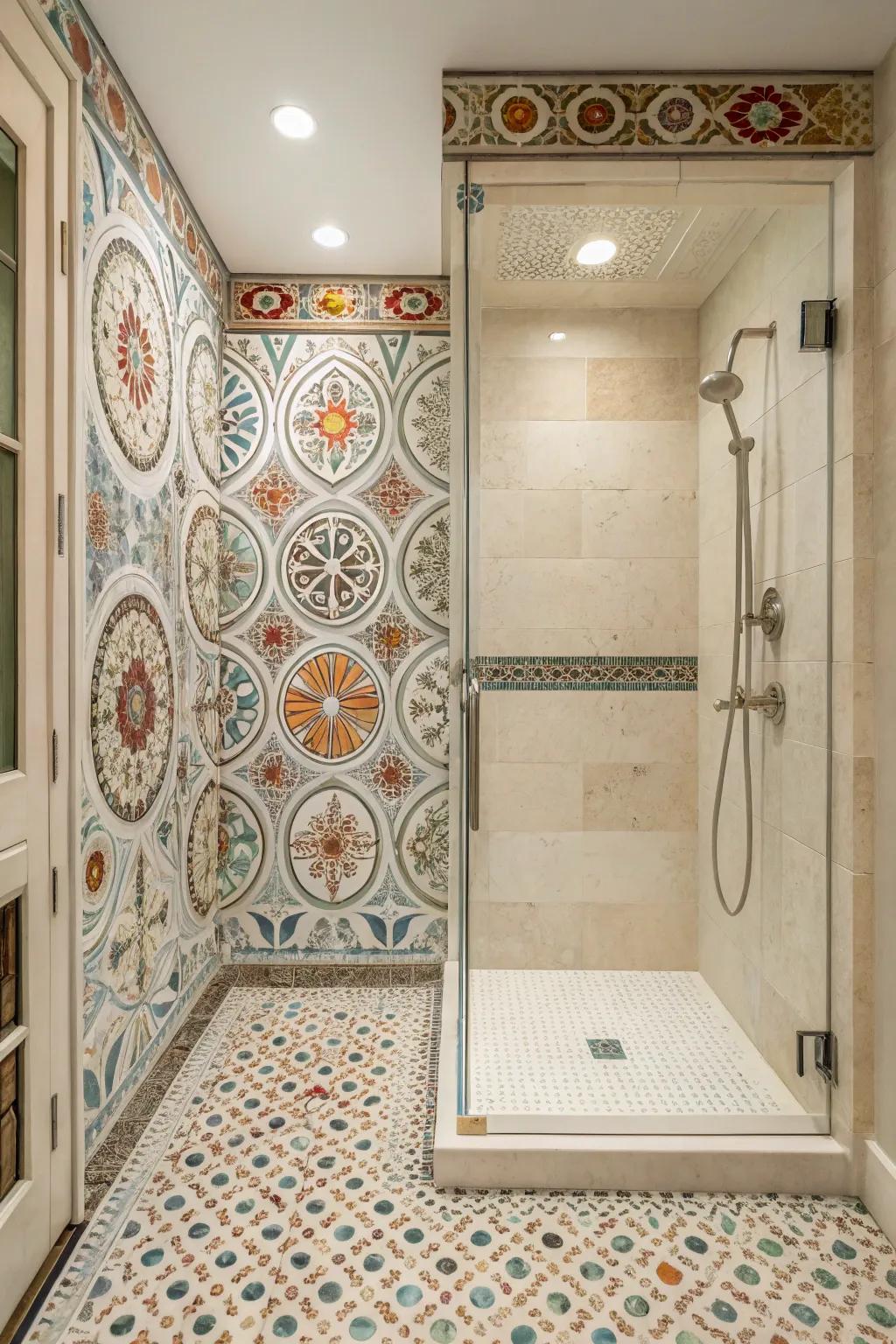 An intricate mosaic tile arrangement infuses sophistication and charm into this barrier-free shower.