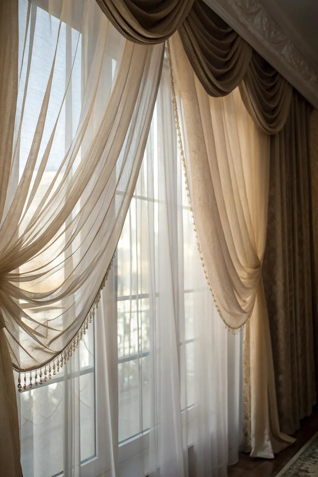 Superimposed window coverings give adaptability and style.