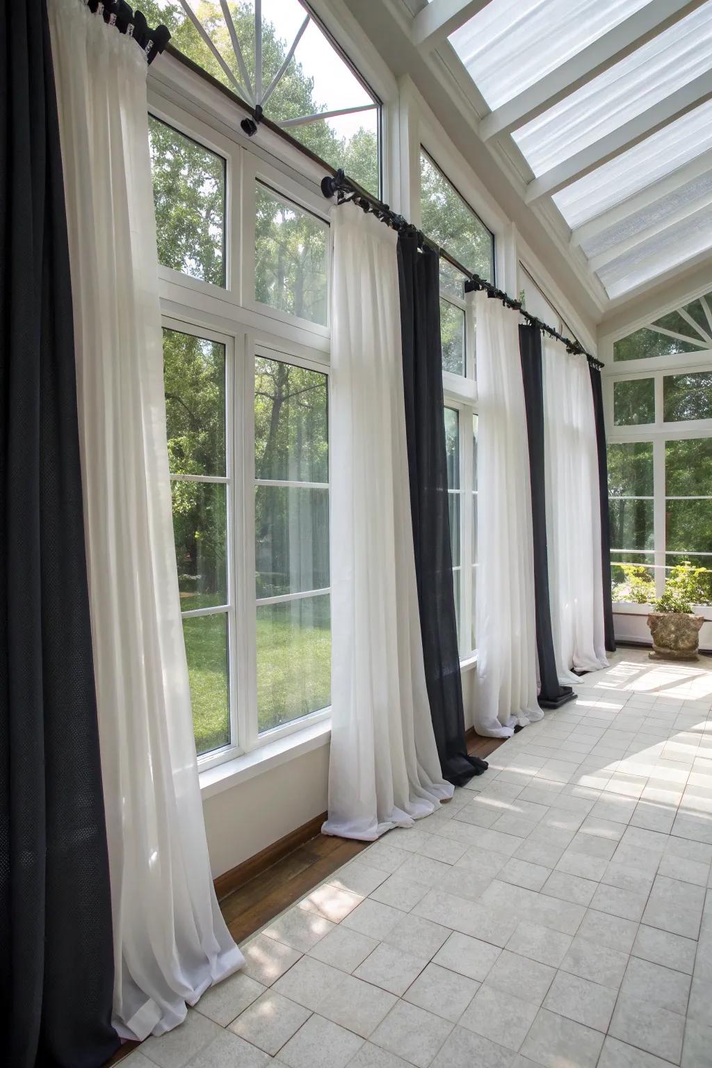 Layered curtains deliver both command over light and seclusion in your sunroom.