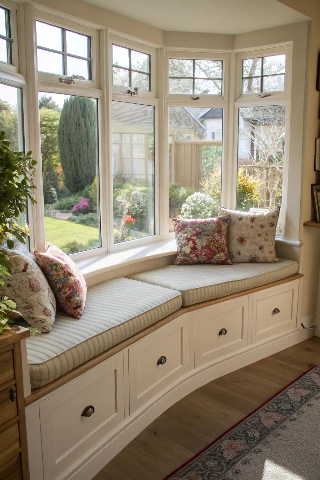 Practical inset seating with storage space in a curved bay window.