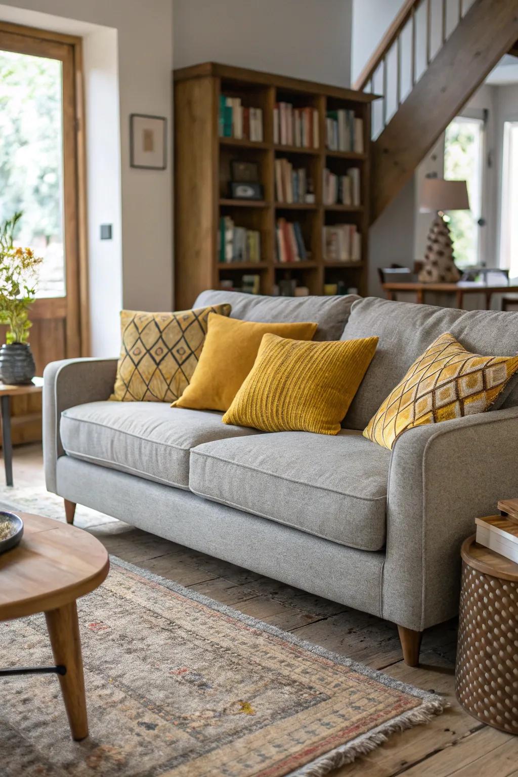Saffron pillows deliver a warm, inviting comparison to a charcoal couch.