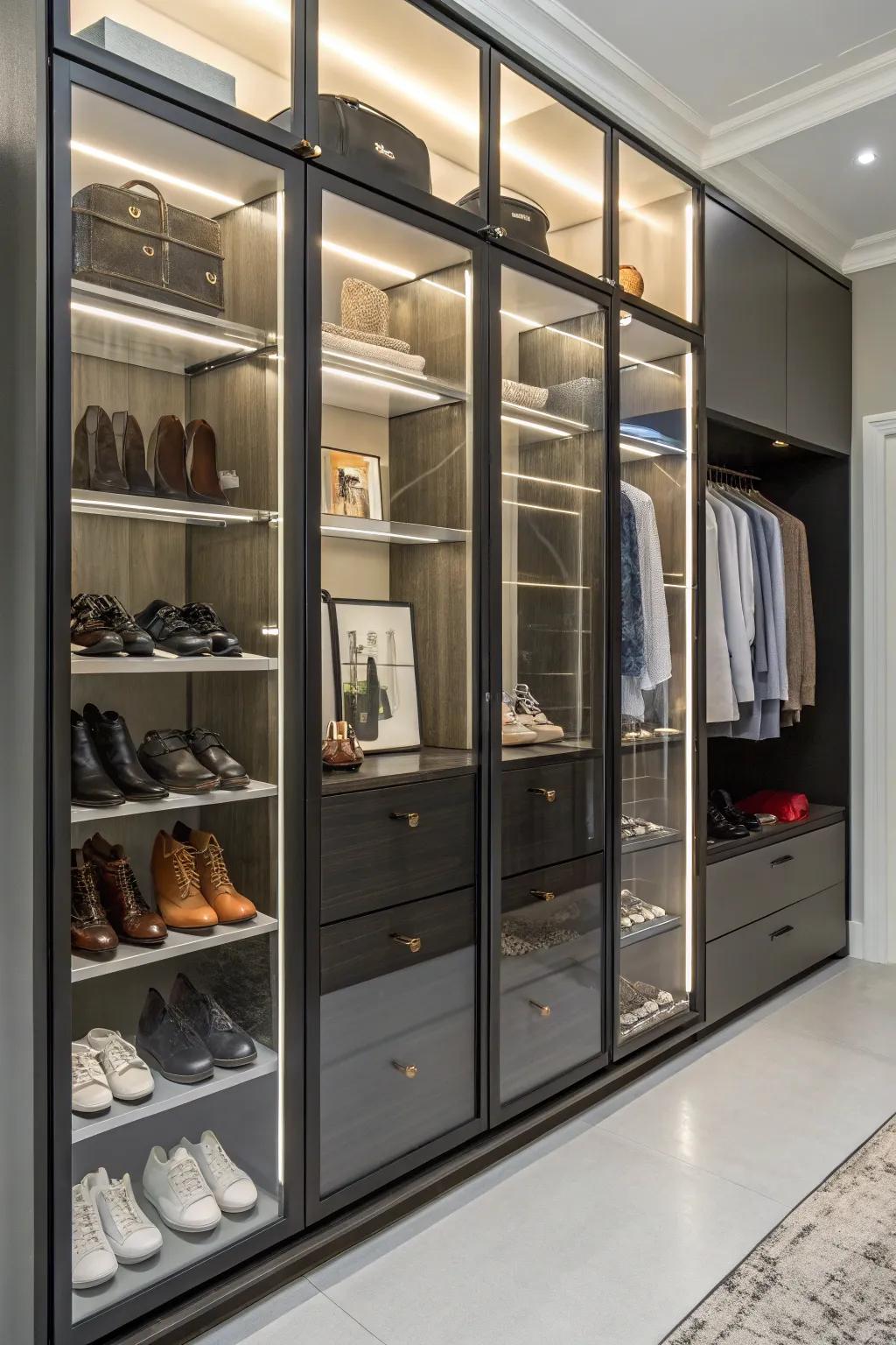 Transform your closet into a high-end boutique with display cabinets.