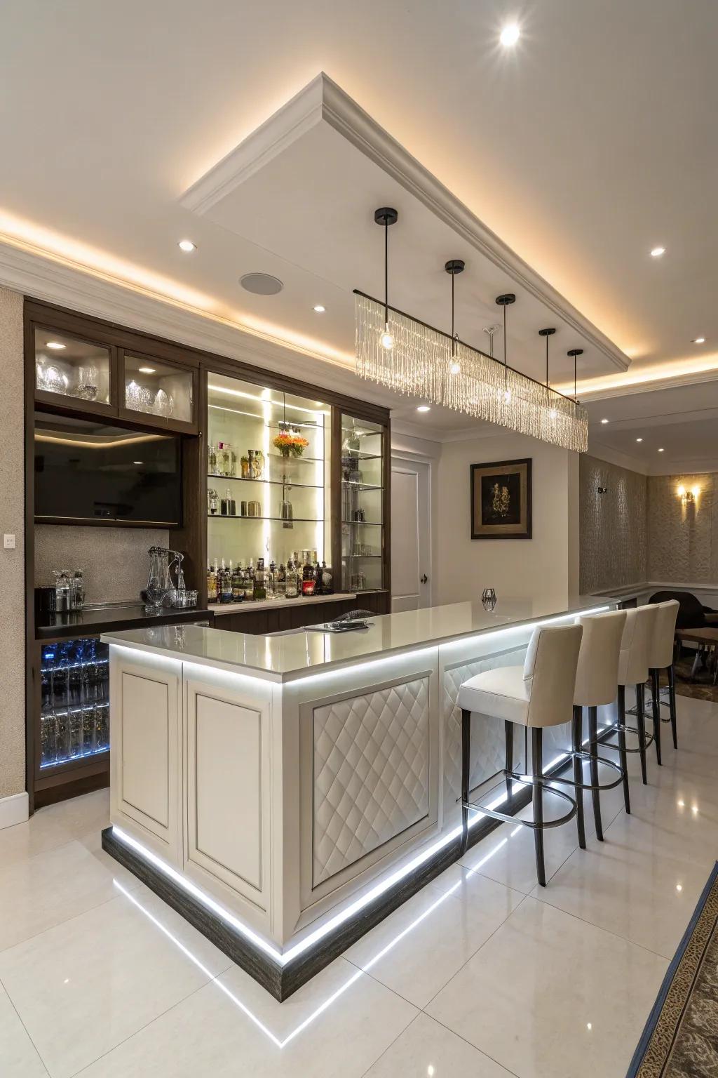 A streamlined and contemporary bar with minimalist aesthetic and built-in lighting.