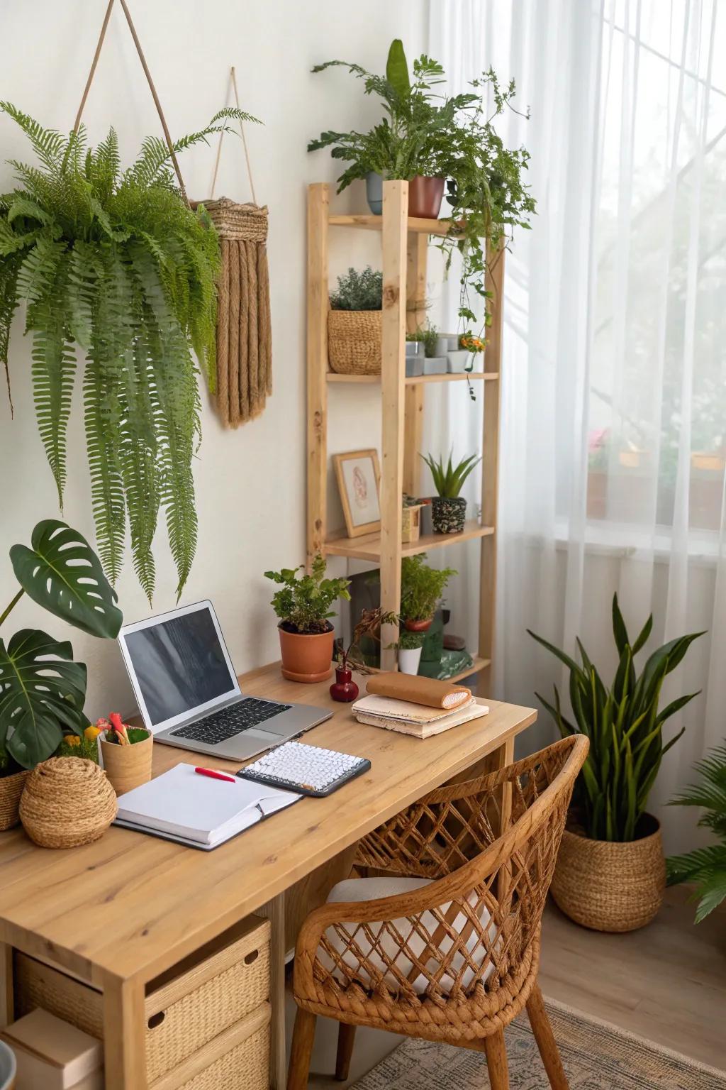 A revitalized home office design featuring various plants and natural decorative components.