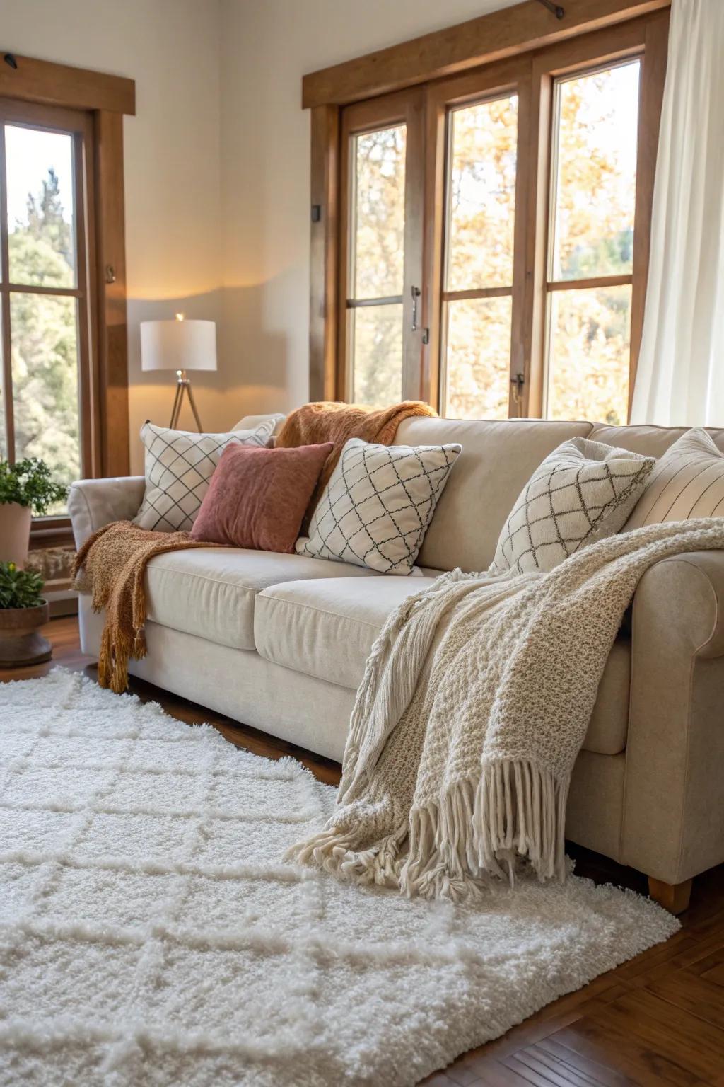 Textured elements like carpets and blankets infuse warmth into the area.