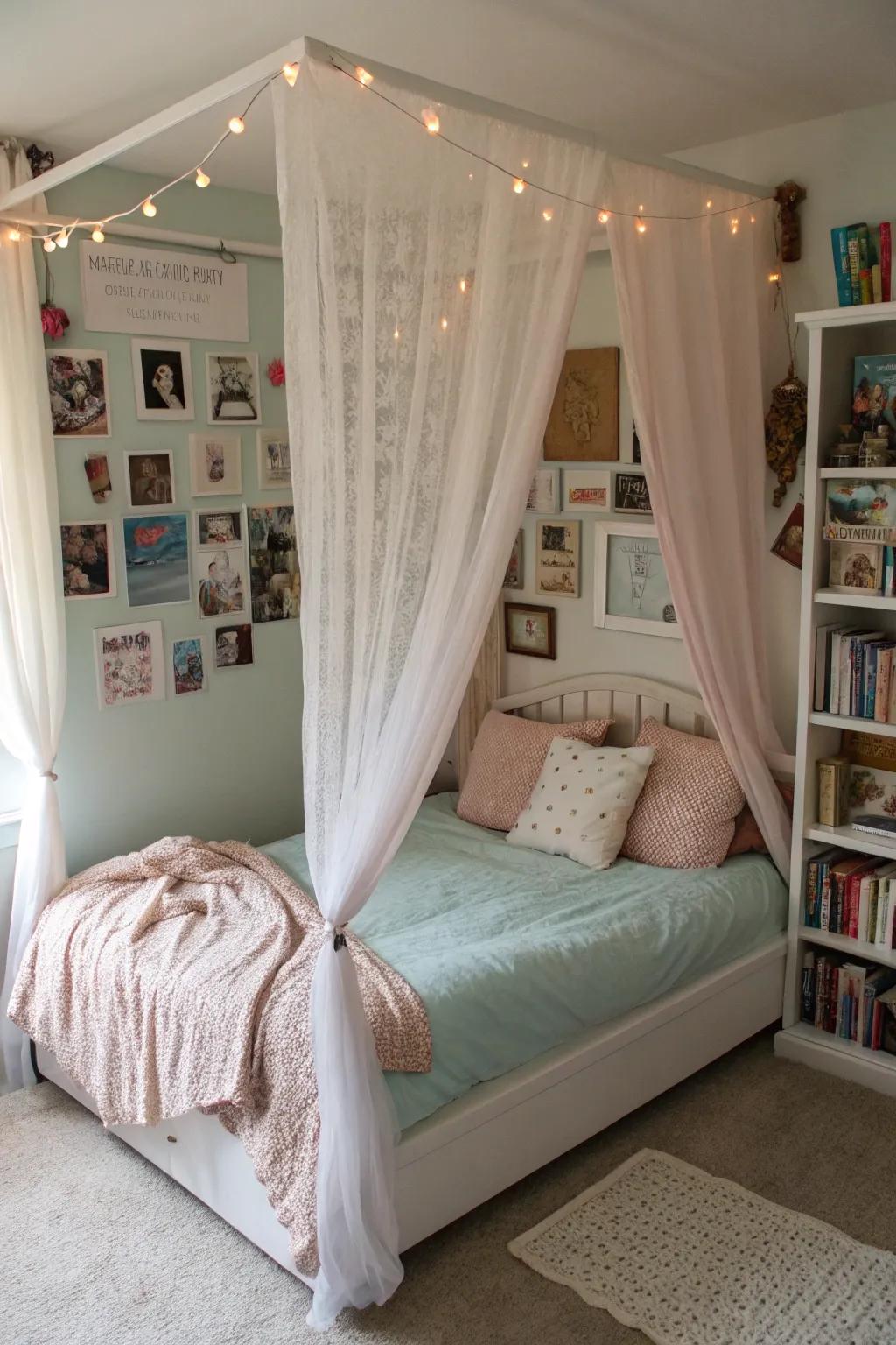 A serene teen bedroom featuring a four-poster bed.