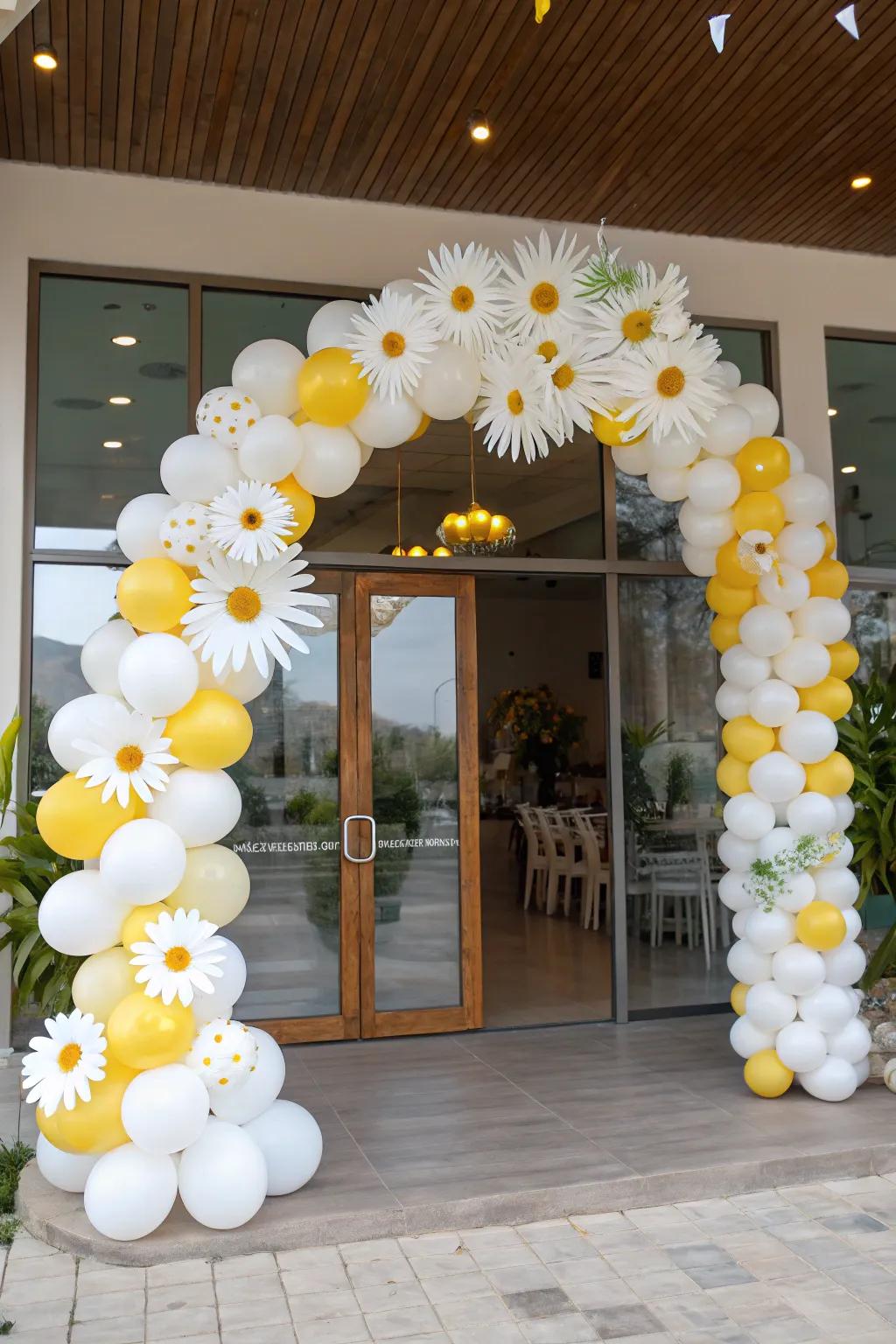 Greet guests with a charming daisy balloon arch.