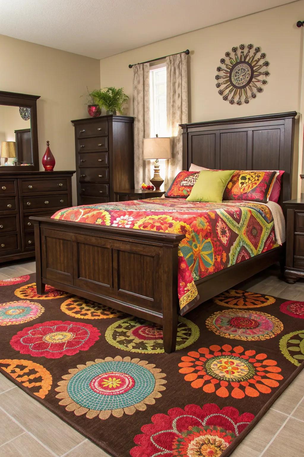 Patterns breathe vitality into spaces featuring deep brown accents.