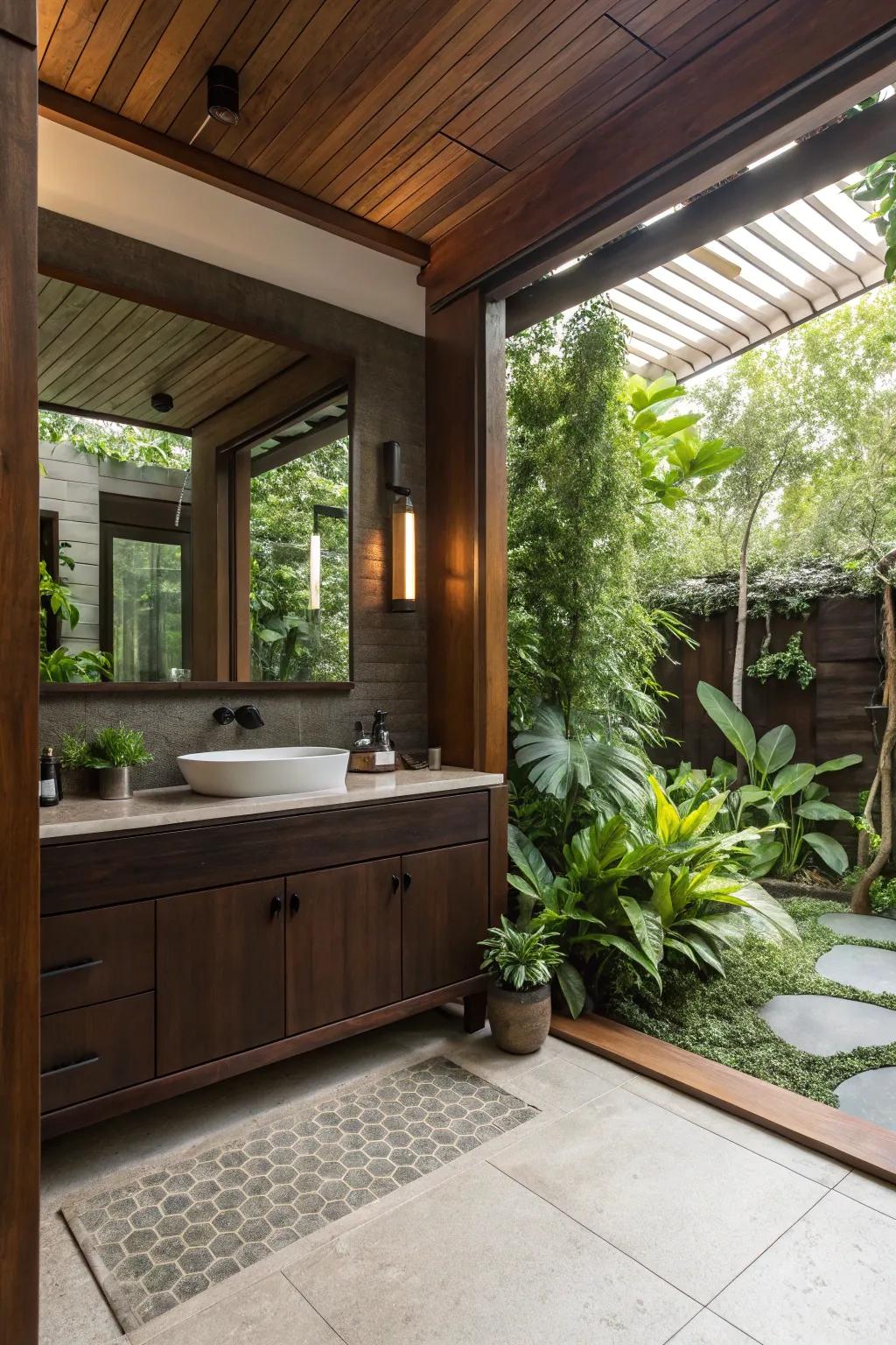 Wooden details enrich a bathroom featuring a dark brown vanity.