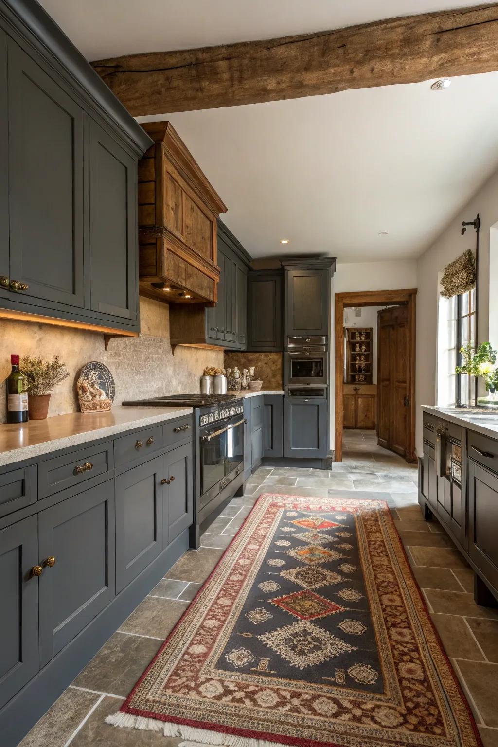 Traditional kitchen emphasized by deep charcoal cabinets and classic timber features.