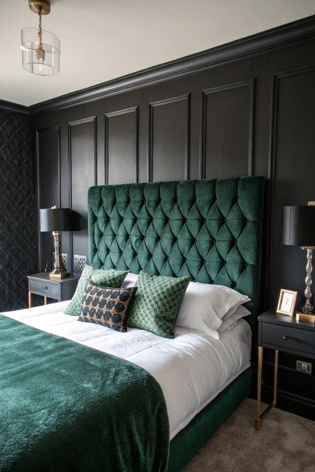 Luxurious dark green velvet upholstery stands out against matte black walls.