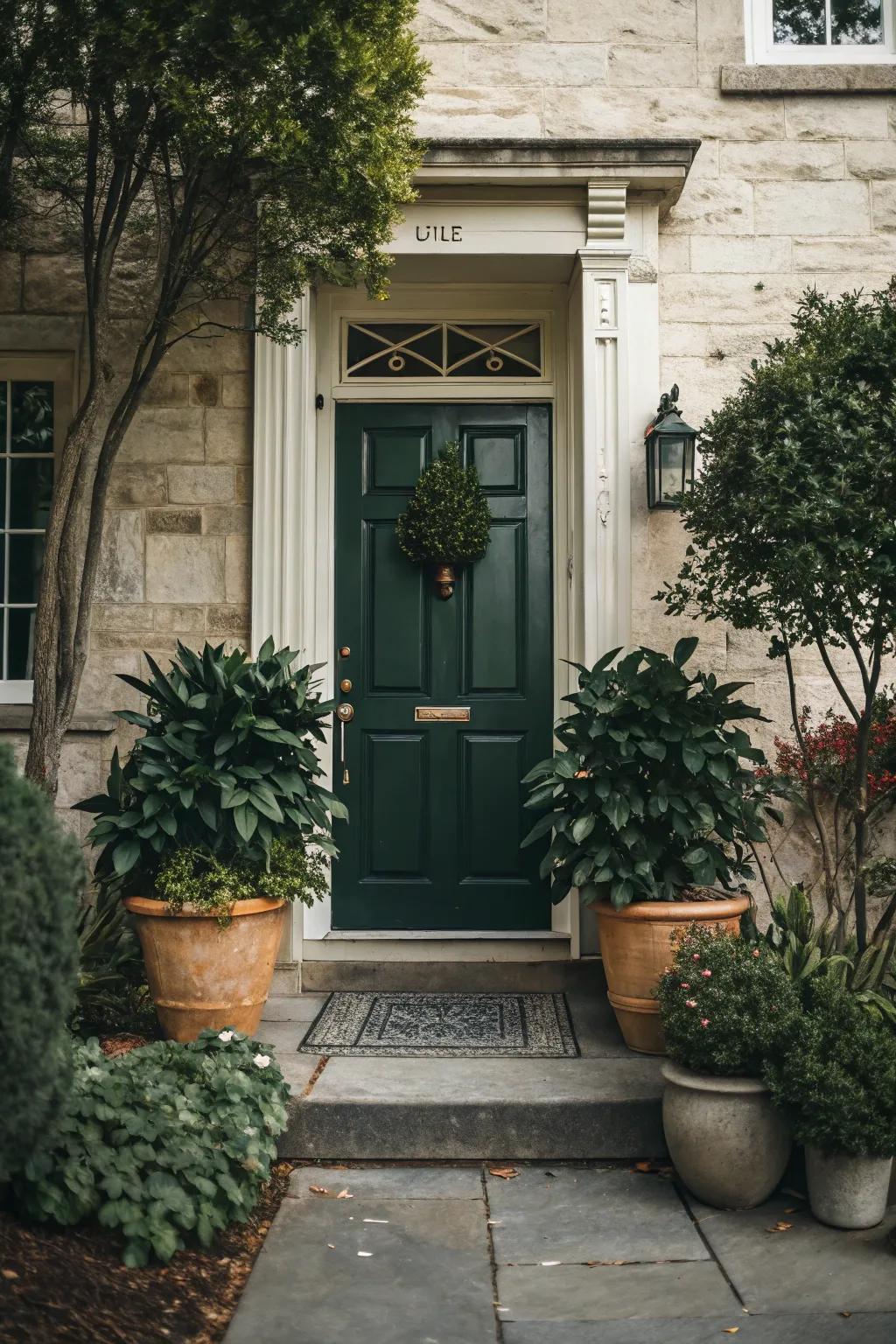 Harmonious greenery enriches the warm ambiance of the entrance.