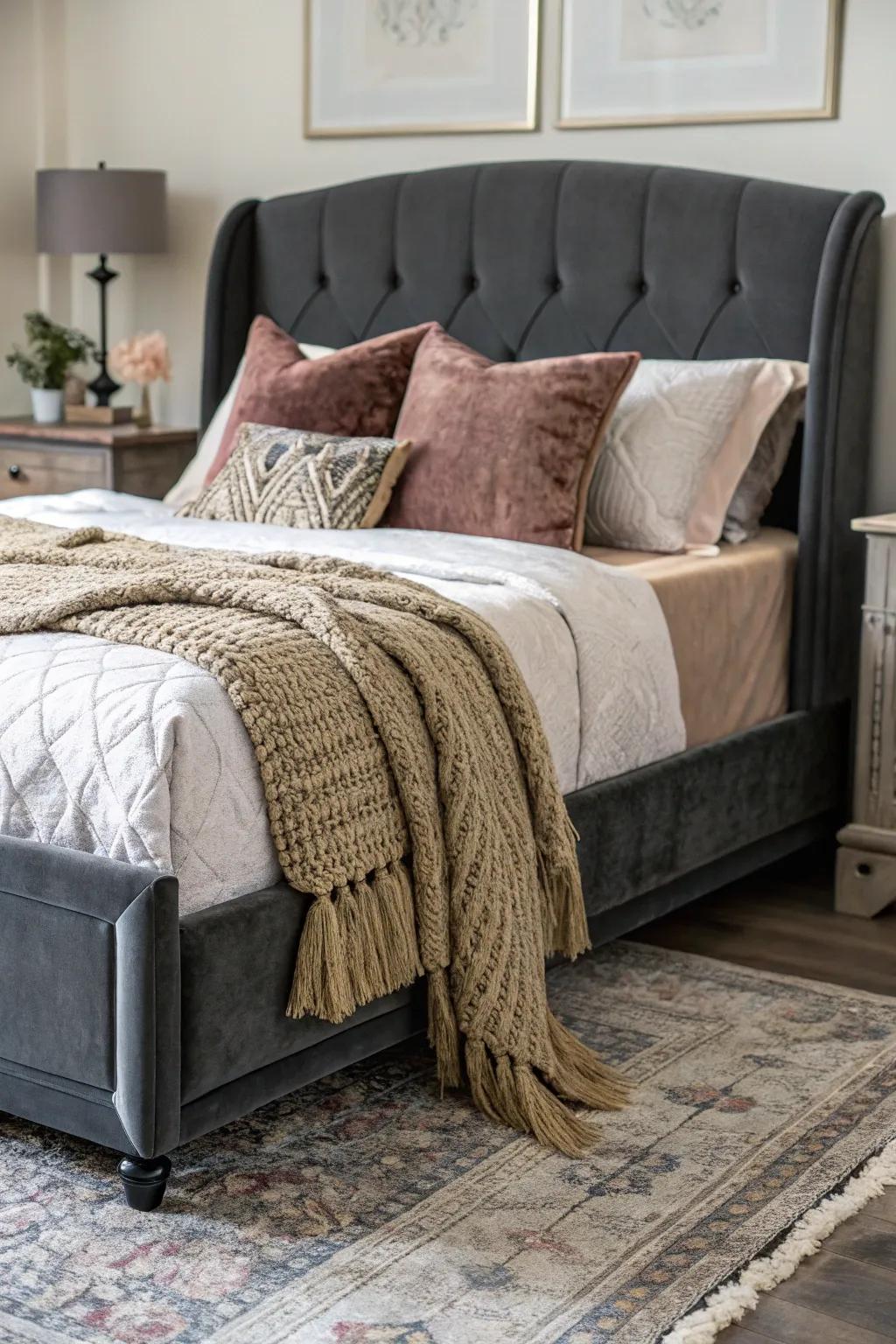 A bedroom abundant with texture, featuring a dark grey bed frame and lavish textiles.