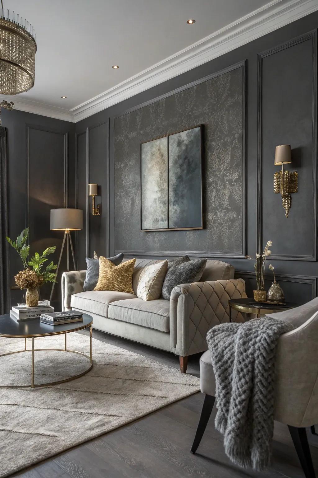A chic, charcoal-toned living space adorned with metallic accents and diverse textures.