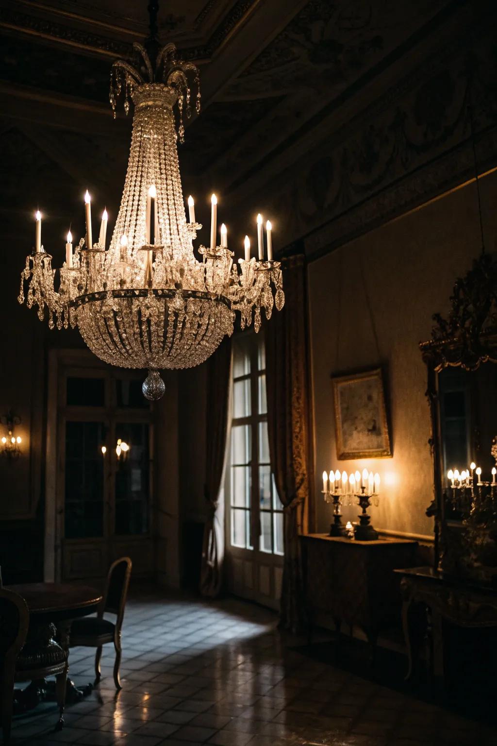 A shaded room brightened by a glass chandelier.