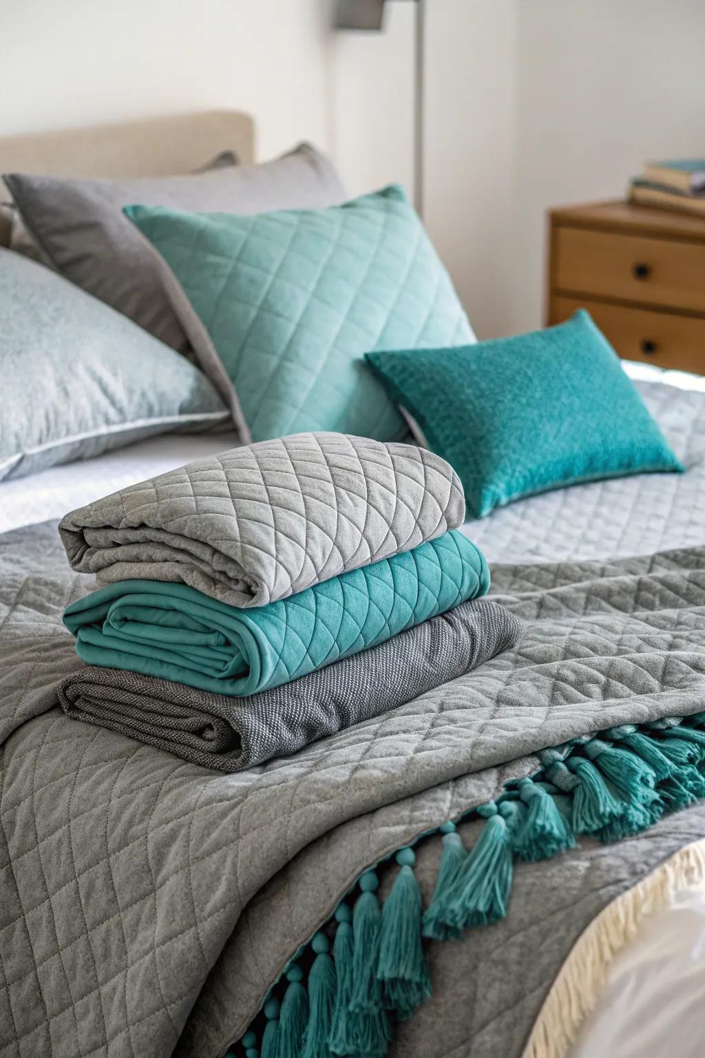 Layering textiles in grey and teal creates a cozy and inviting atmosphere.