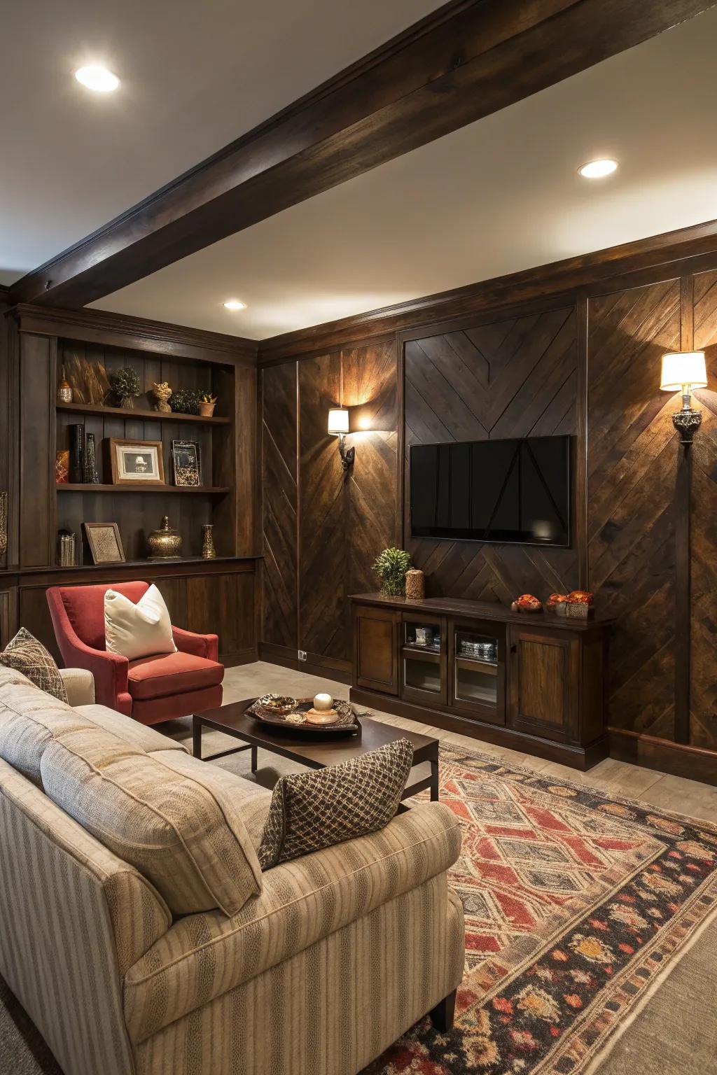A dark wood accent wall offers a luxurious touch, enhancing visual interest.