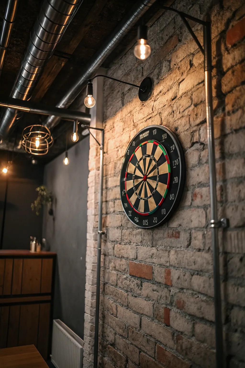 Industrial charm with a brick wall backdrop for your dart board.