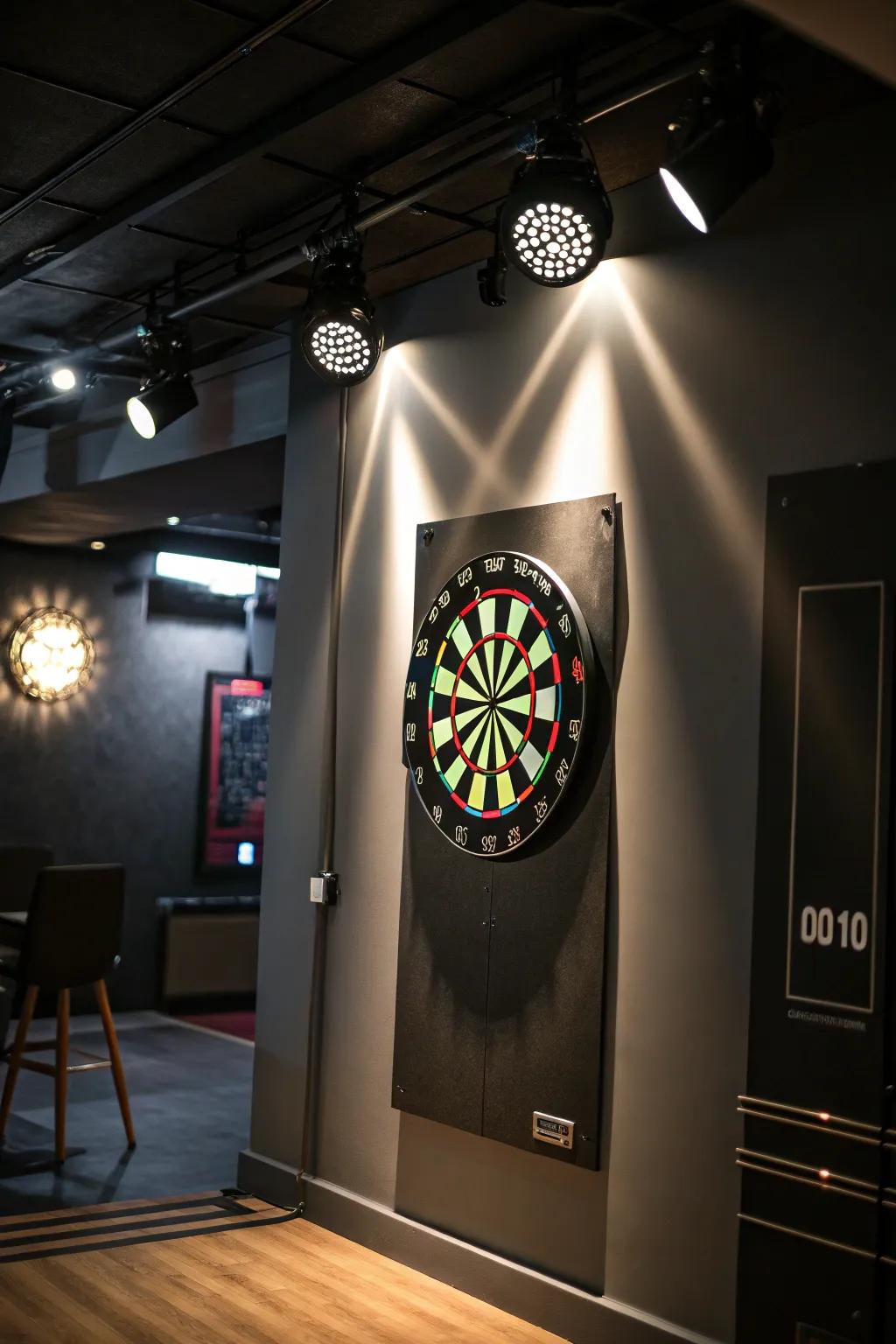 Spotlights create a welcoming and focused setting in your dart room.
