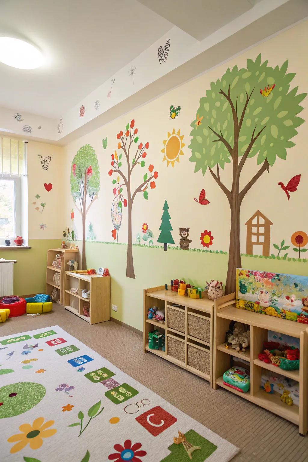 Nature-themed wall decals and decorations bring the outdoors inside.