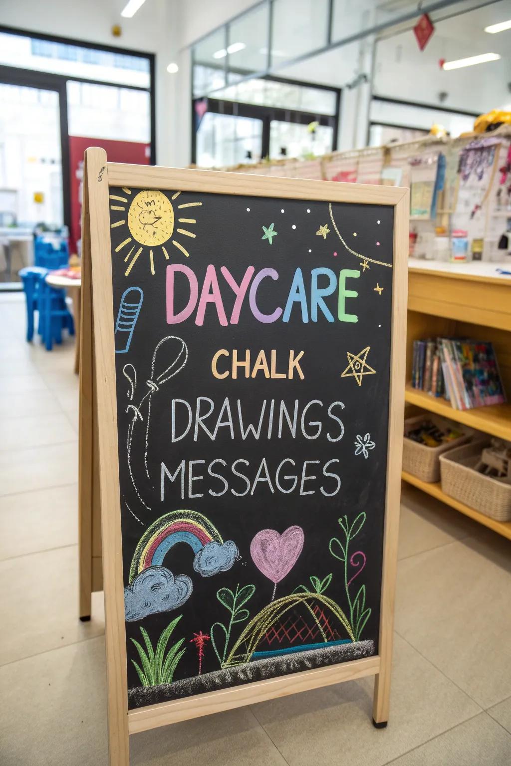 An adorable slate board marker at a daycare, adorned with dynamic sketches and tailored communications.