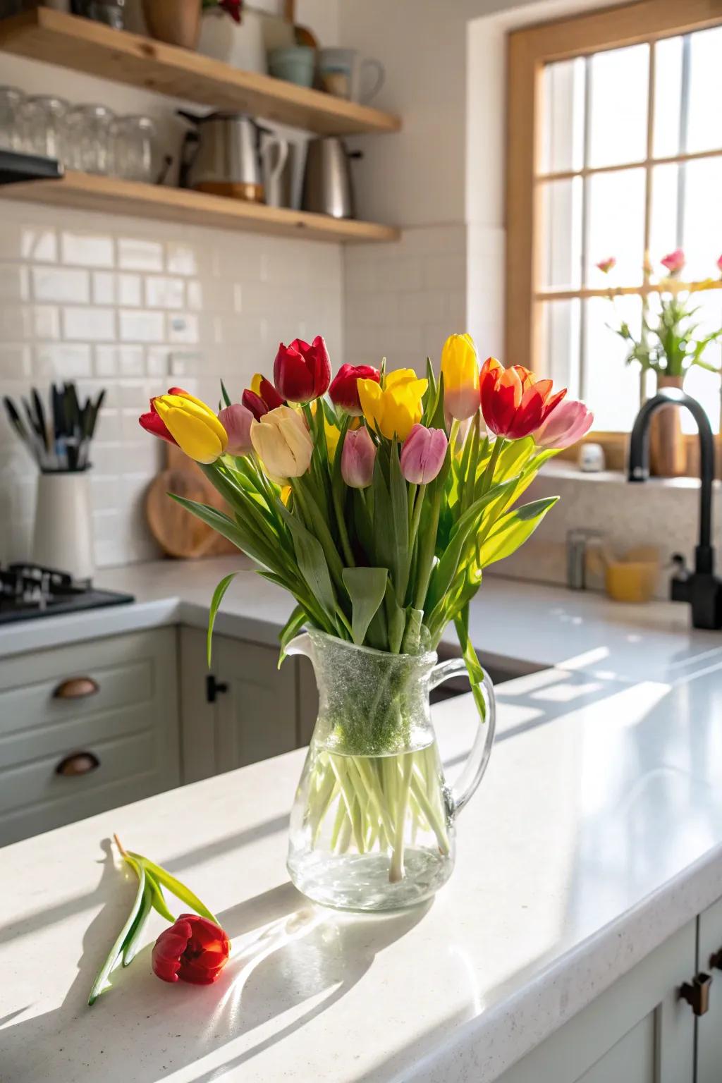 An ornate carafe serving as a vase, overflowing with vibrant tulips.
