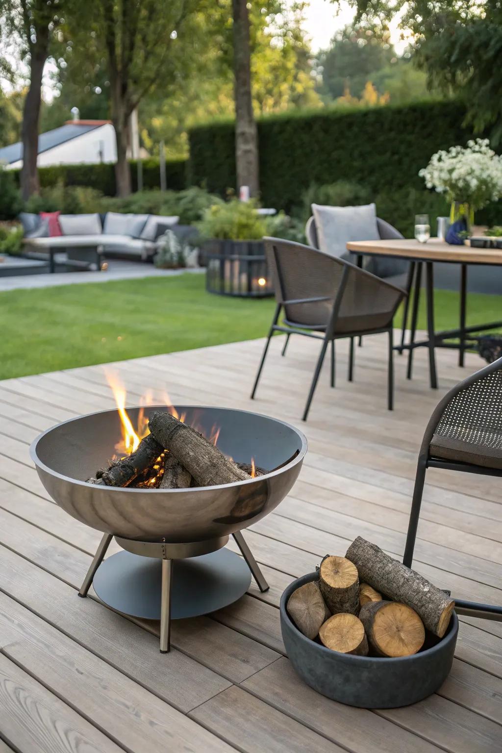A metal fire pit gives your patio a modern touch, which is ideal for contemporary settings.