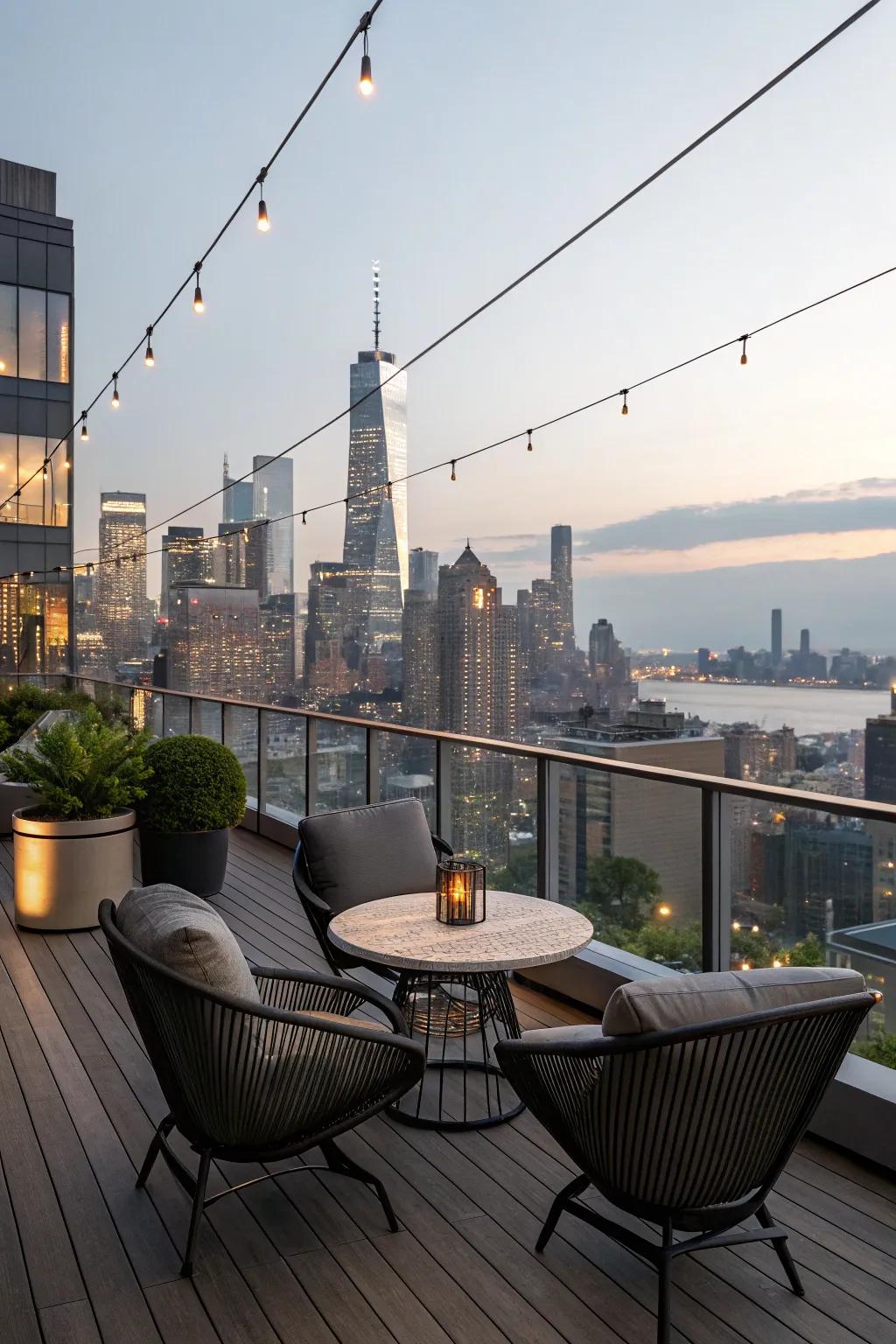 A contemporary rooftop patio offering breathtaking vistas and a tranquil getaway.