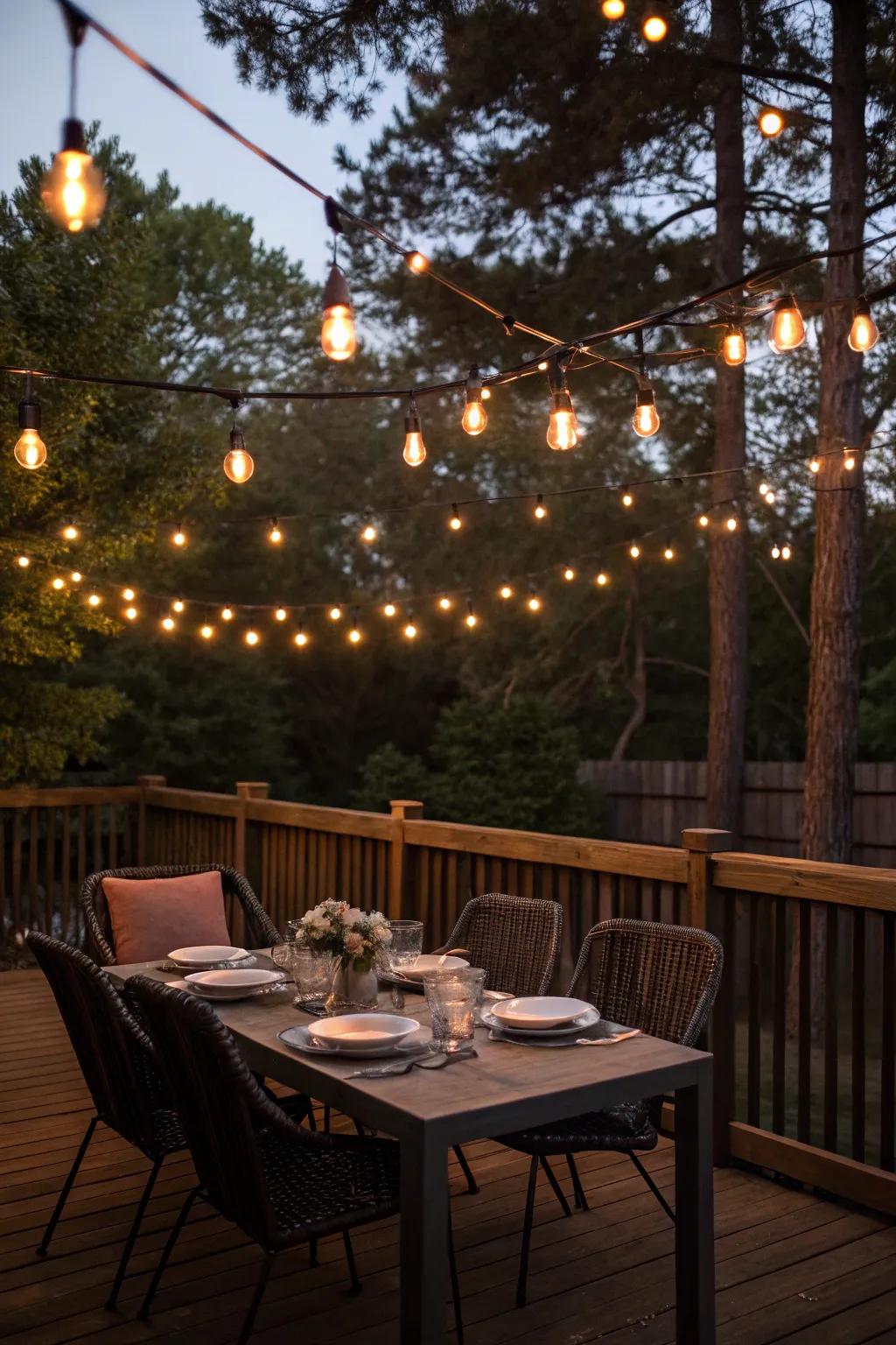 Twinkling lights contribute a whimsical touch to any deck party.