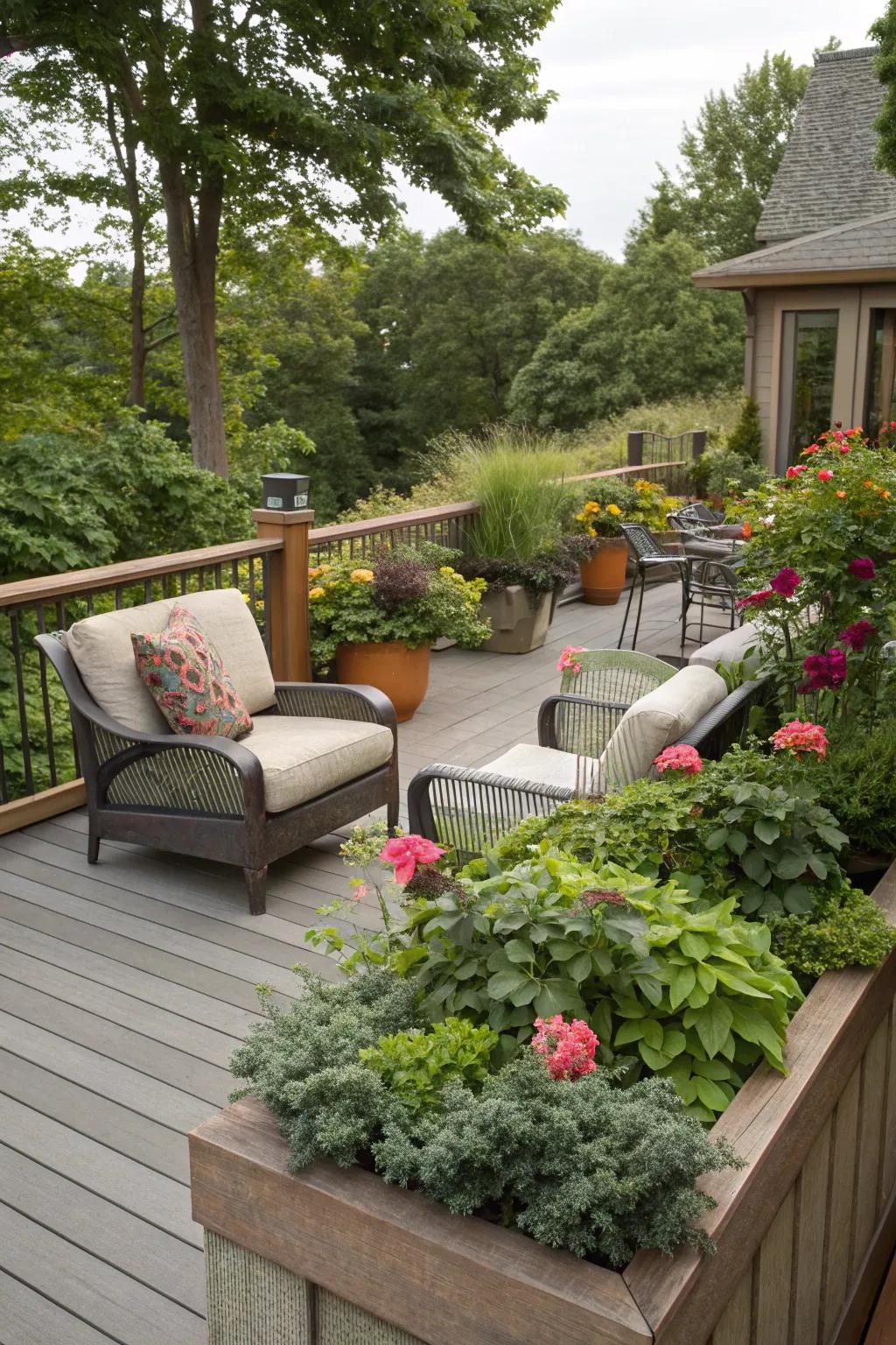 Achieve a tranquil, cohesive space by merging seating with natural plants.