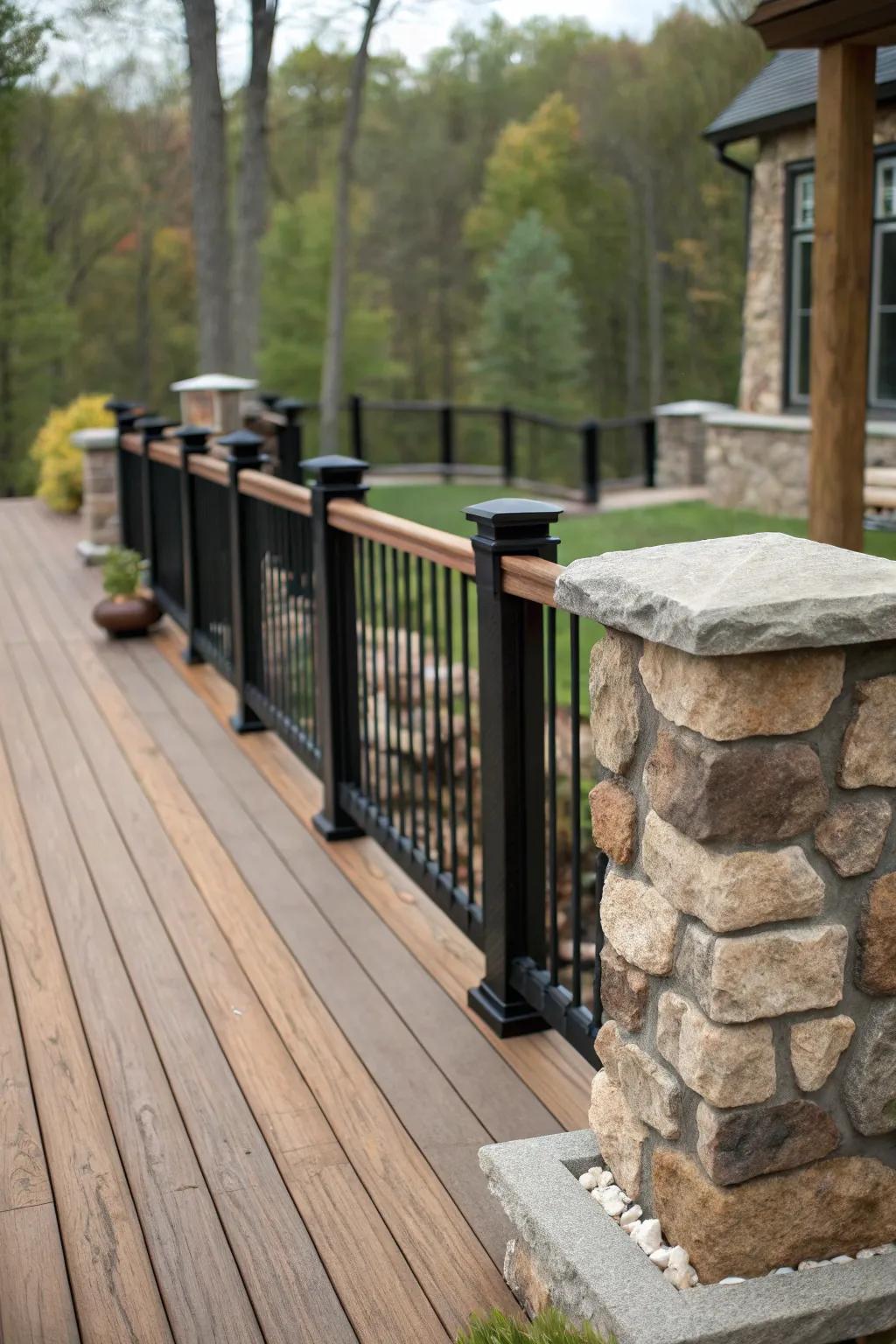 A deck that beautifully combines black railings with wood and stone for a textured look.