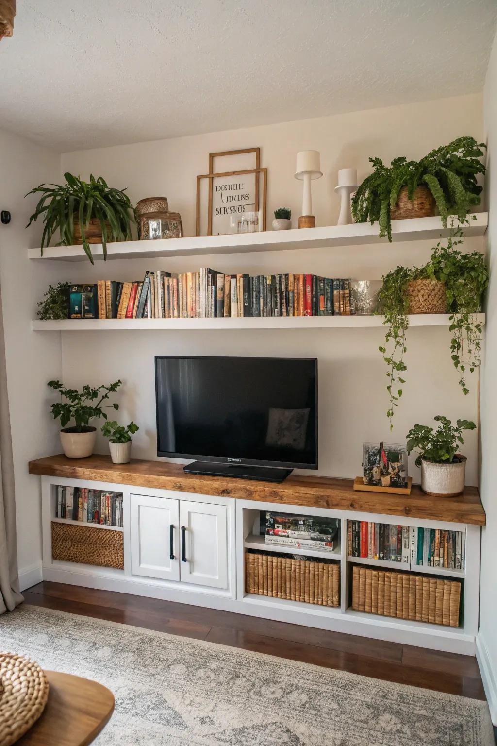 Floating ledges strike a perfect balance between utility and style, enhancing the TV's surroundings.