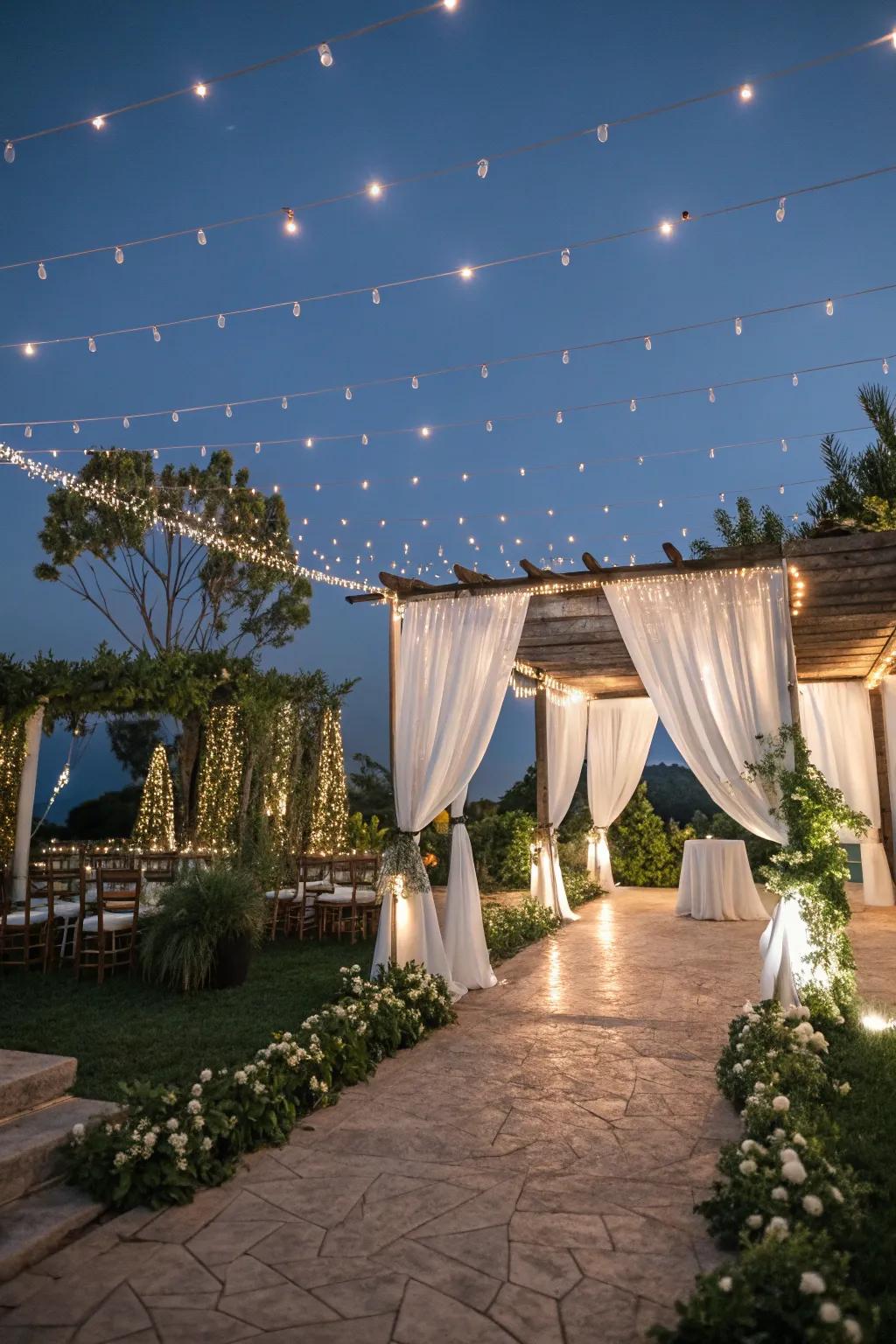 Fairy lights casting an enchanted glow at an outdoor wedding.