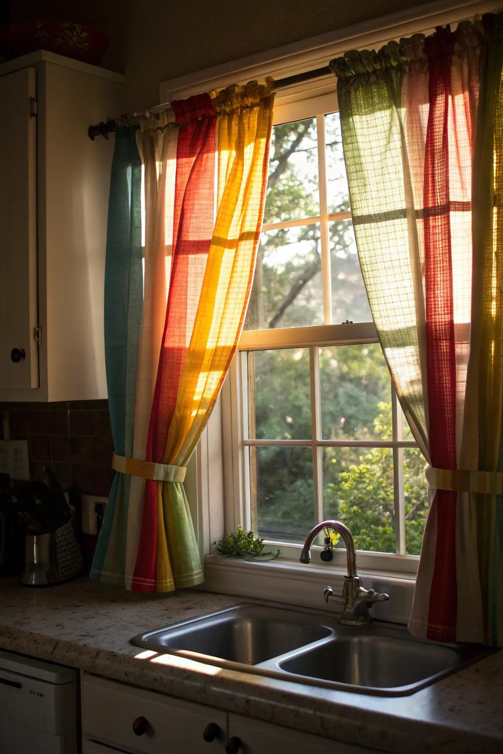 Delightful bistro curtains bring color and warmth, setting a welcoming mood in the kitchen.