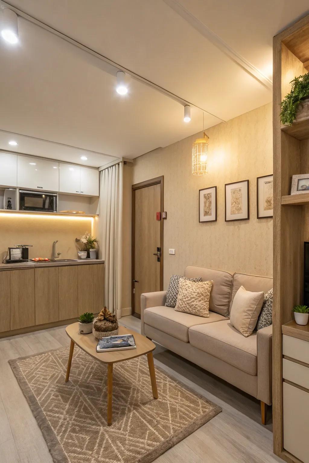Neutral shades bring a sense of tranquility and openness to compact living spaces.