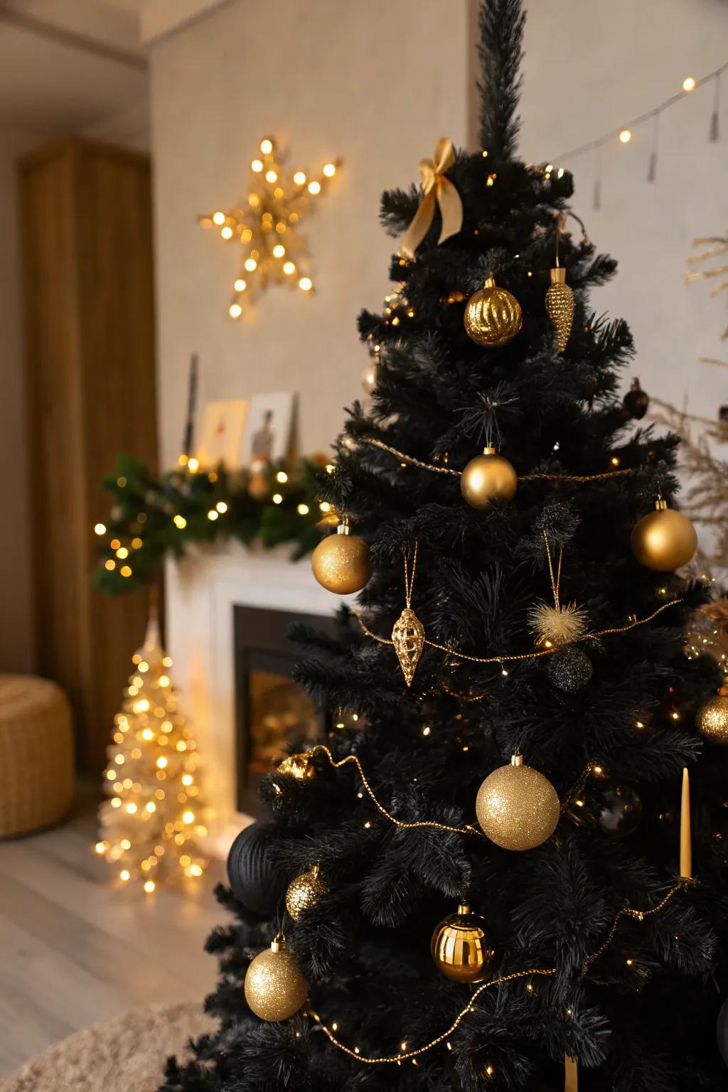 A dark fir brightened with gilded decorations for a lavish display.