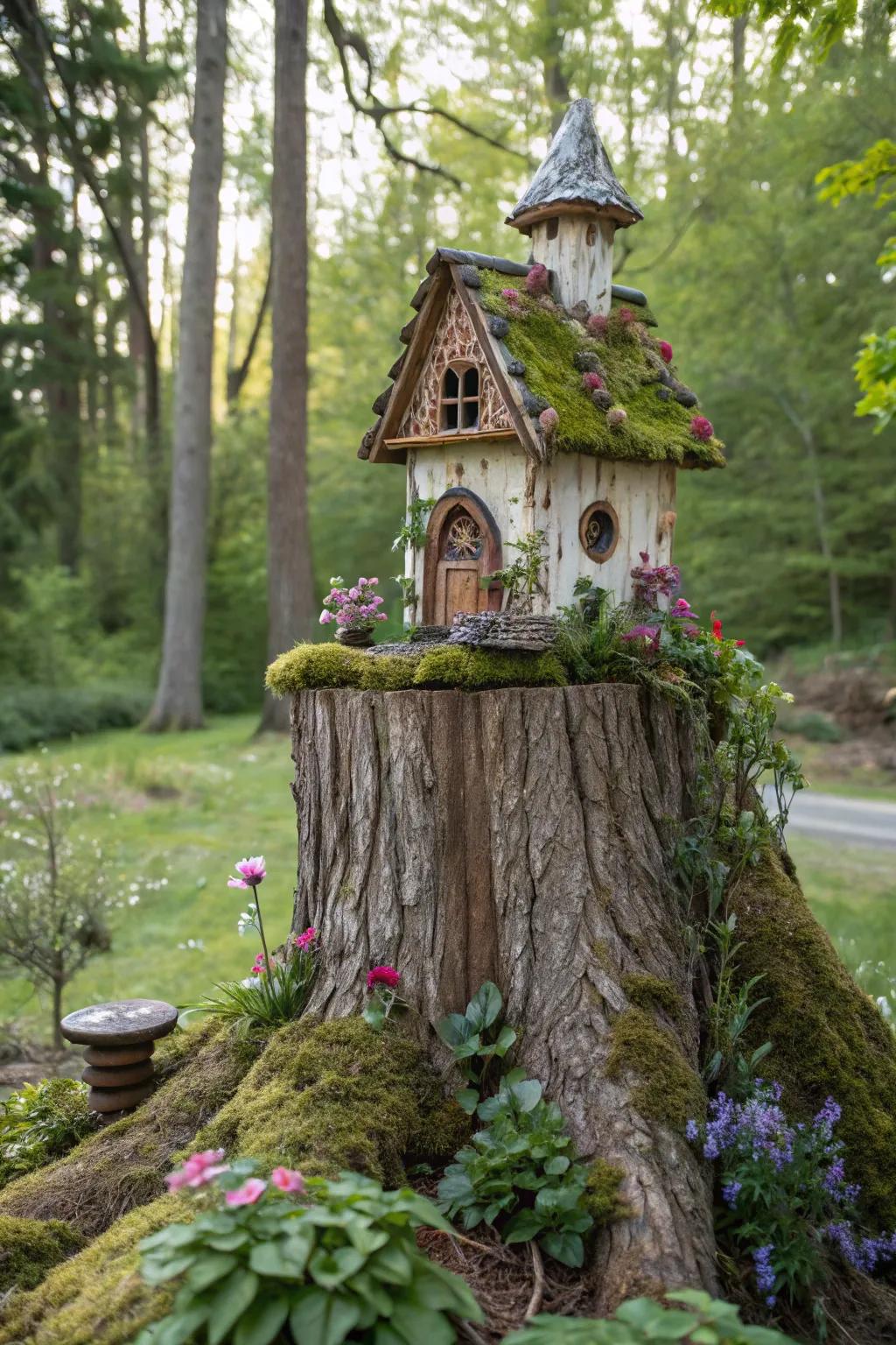 Infuse enchantment into your garden with a fairy dwelling nestled on a tree stump.