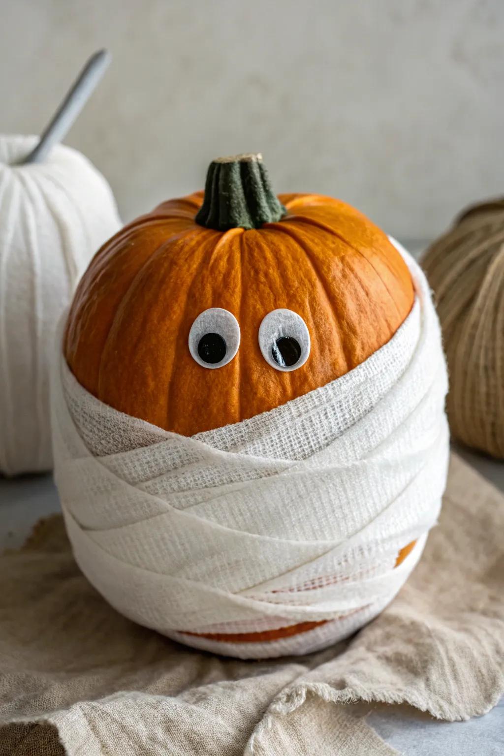 Mummify your pumpkin, crafting a jovial and spectral ornament.