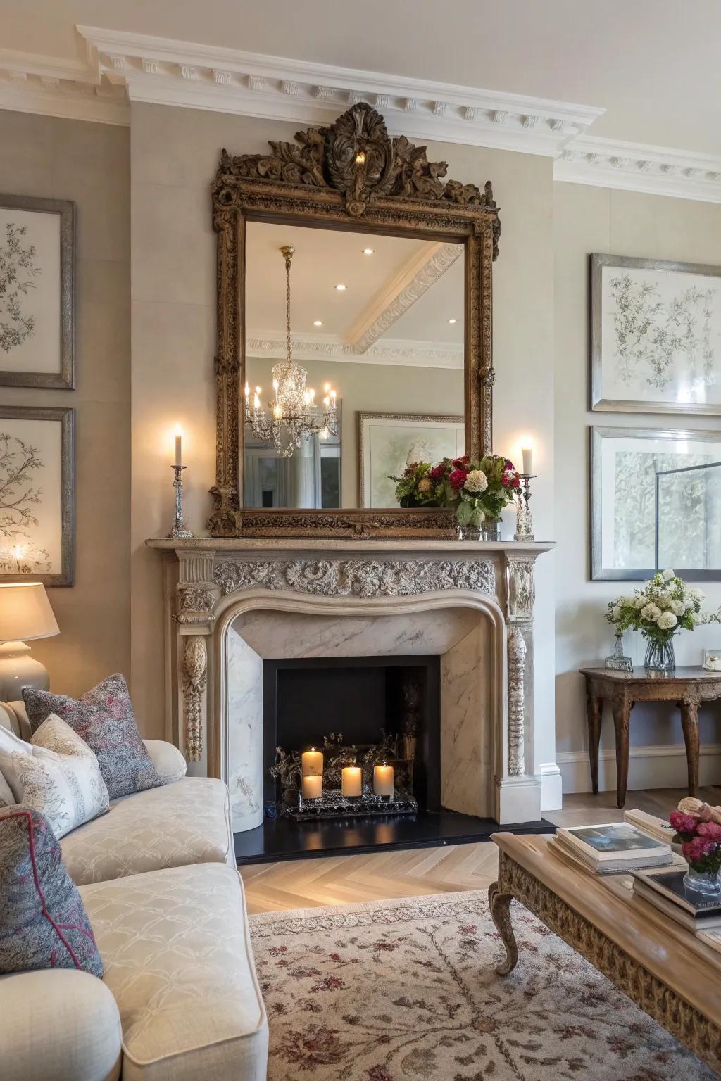 A grand mirror forms an impressive centerpiece in the living room.