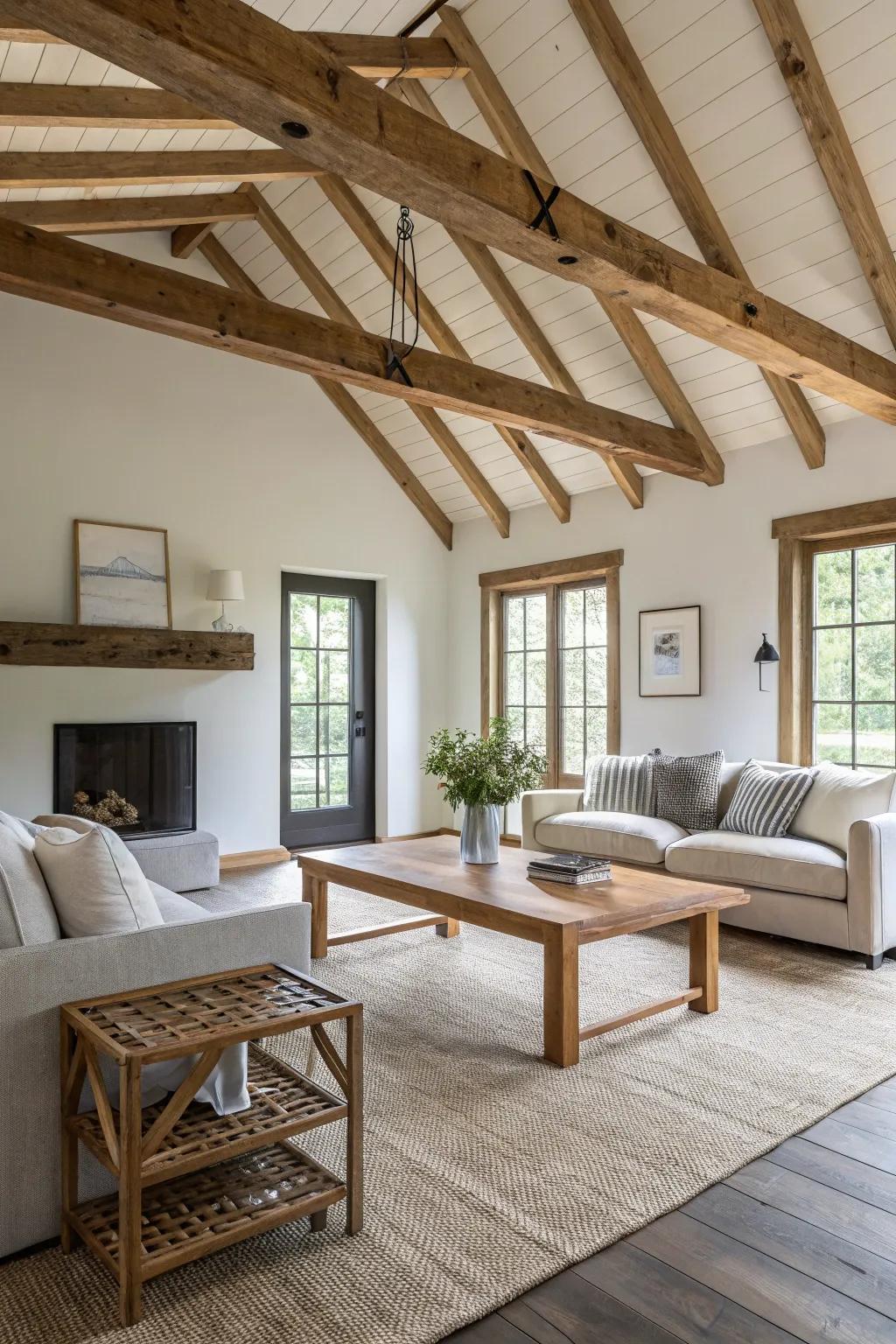 By blending classic beams with elegant décor, modern country style is accomplished.