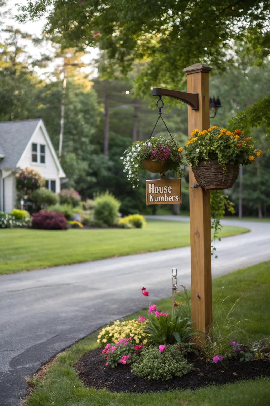 Introduce a splash of color with a suspended flora basket on your driveway marker.