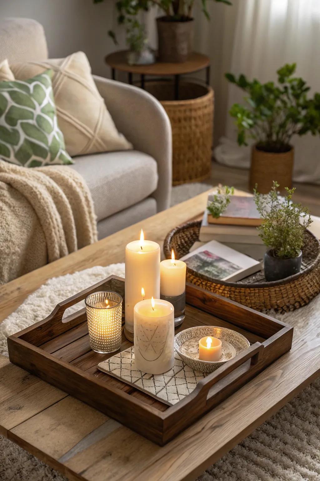 Wax light adding warmth and allure to a coffee table display.