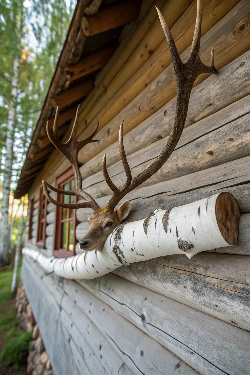 Deer antlers mounted on a pale birch log exude rustic charm on a welcoming cabin wall.