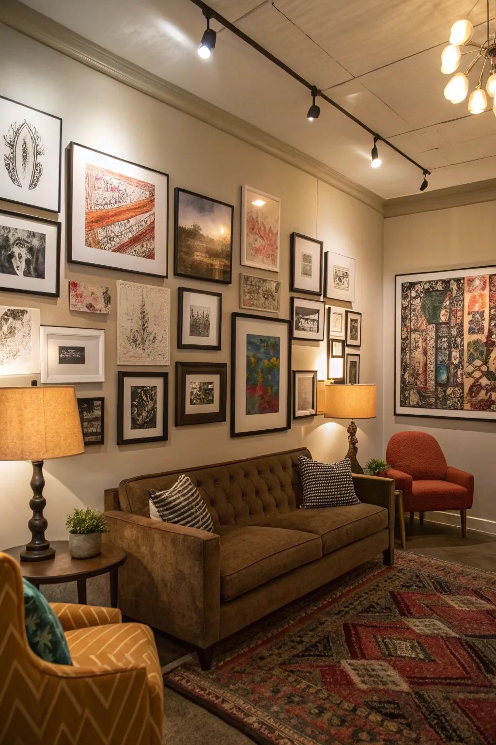 A den highlighting a custom art wall filled with a diverse collection of works.